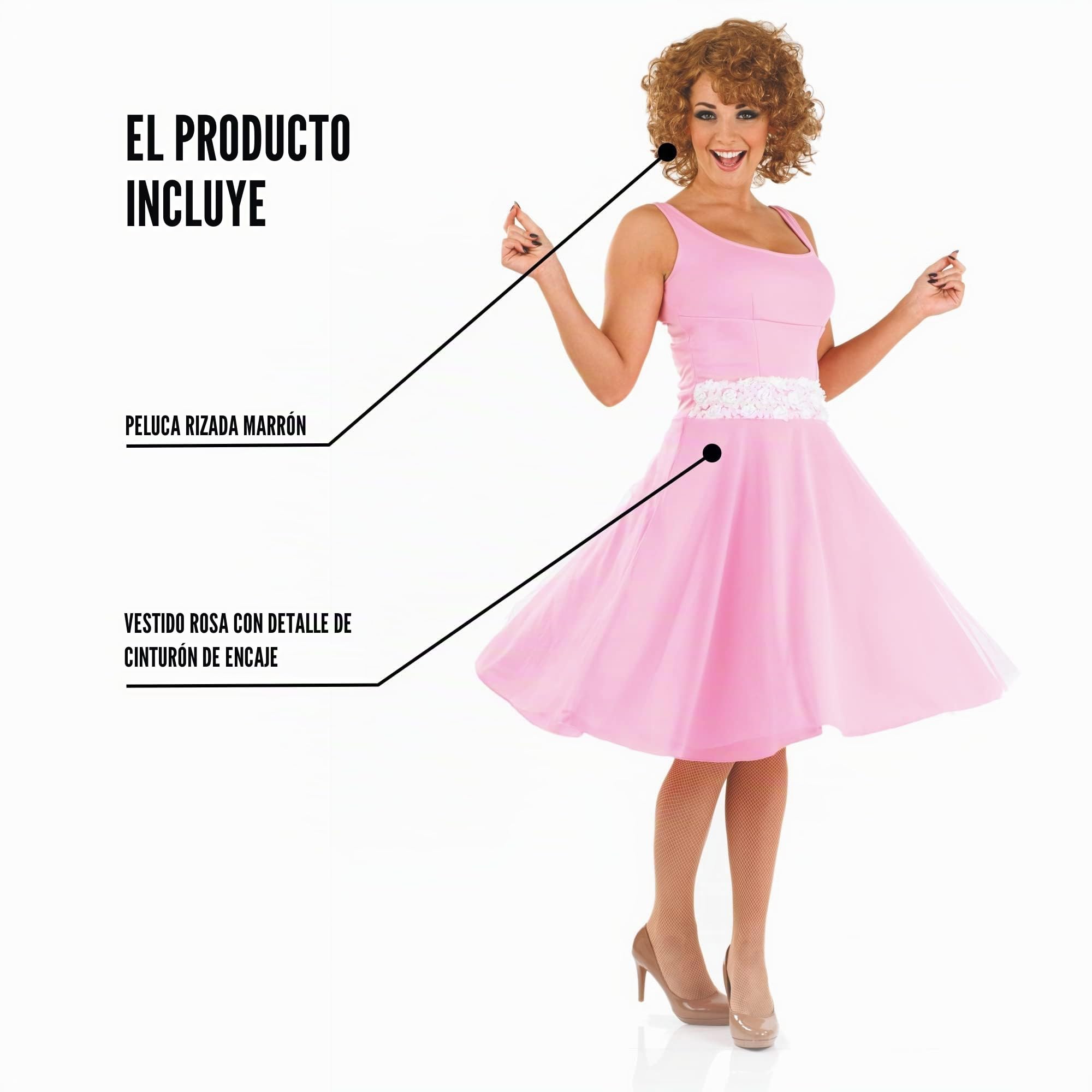 Fun Shack Disfraz Bailarina Años 80 Mujer Adulto Vestido Rosa Cinturón Blanco Encaje Peluca Castaña Rizada Carnaval Fiesta