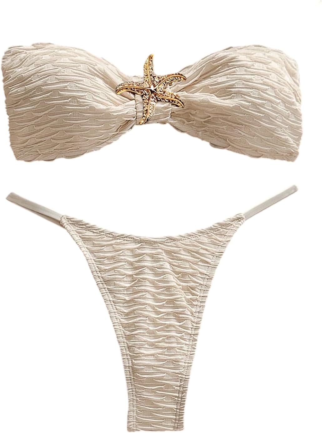 GORGLITTER Women's 3 Piece Swimsuits Strapless Bandeau Metal Tube Top Bikini Set with Cover Up Skirt Swimwear