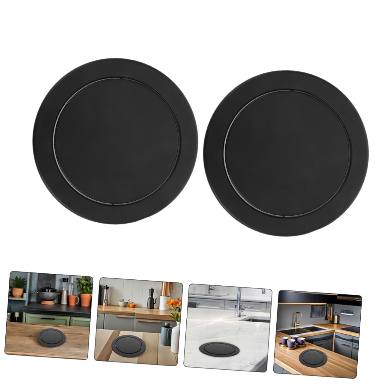 Tapa de Bote de Basura Empotrada Redonda de Acero Inoxidable | Pack de 2 Unidades, Negro, Montaje Integrado, Mecanismo Abatible Silencioso, Diseño Moderno para Hogar y Cocina