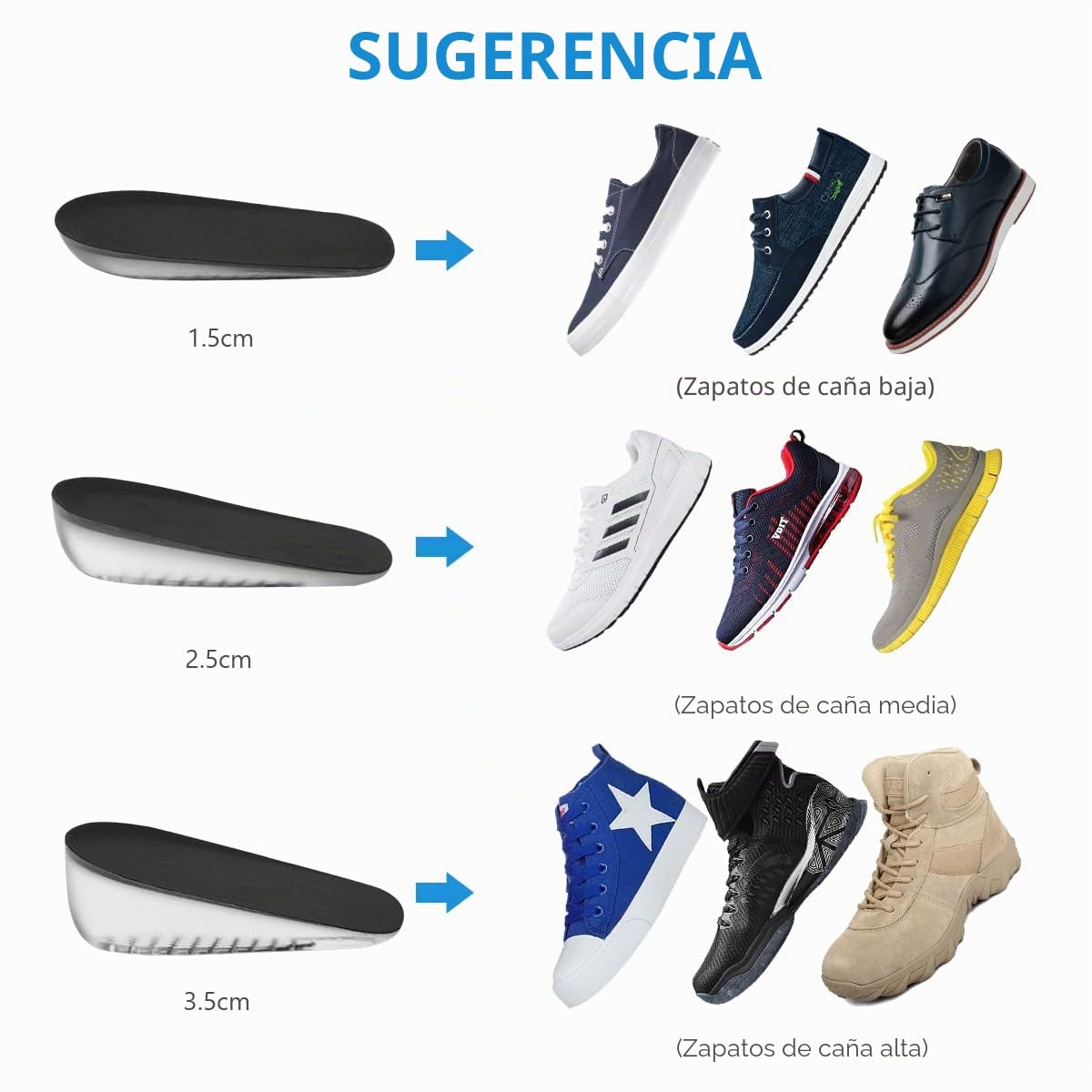 Plantillas Altura Hombre y Mujer, 2 Pares Alzas para Zapatos, Plantilla Gel para Aumentar Altura, Soporte Talón y Amortiguación, 2.5cm