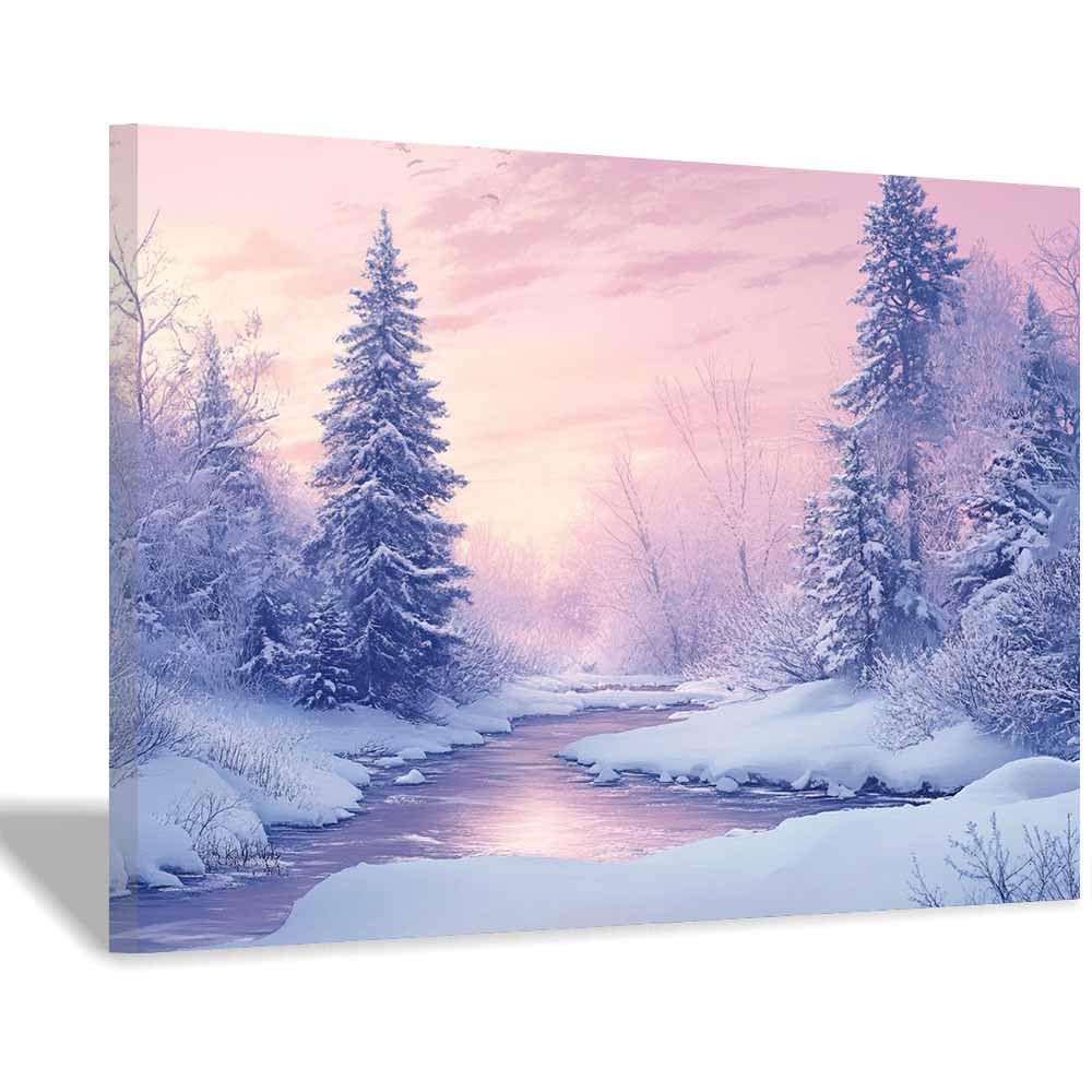QUSAAOU Wandbilder Dekoration Rosafarbener Winterfluss mit Kiefern Leinwand Poster Schlafzimmer Dekoration Landschaft BüRo Raumdekoration Deko Wand Kunstdruck Wanddeko(Pink)-70x100cm Ungerahmt
