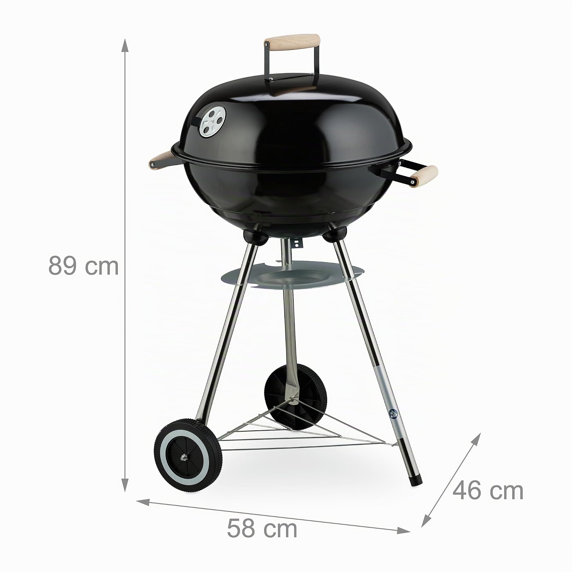 Relaxdays Barbacoa Carbón, 44 cm Ø, BBQ Exterior, Parrilla para Brasas con Ruedas y Soporte, Recoge Cenizas, Negro