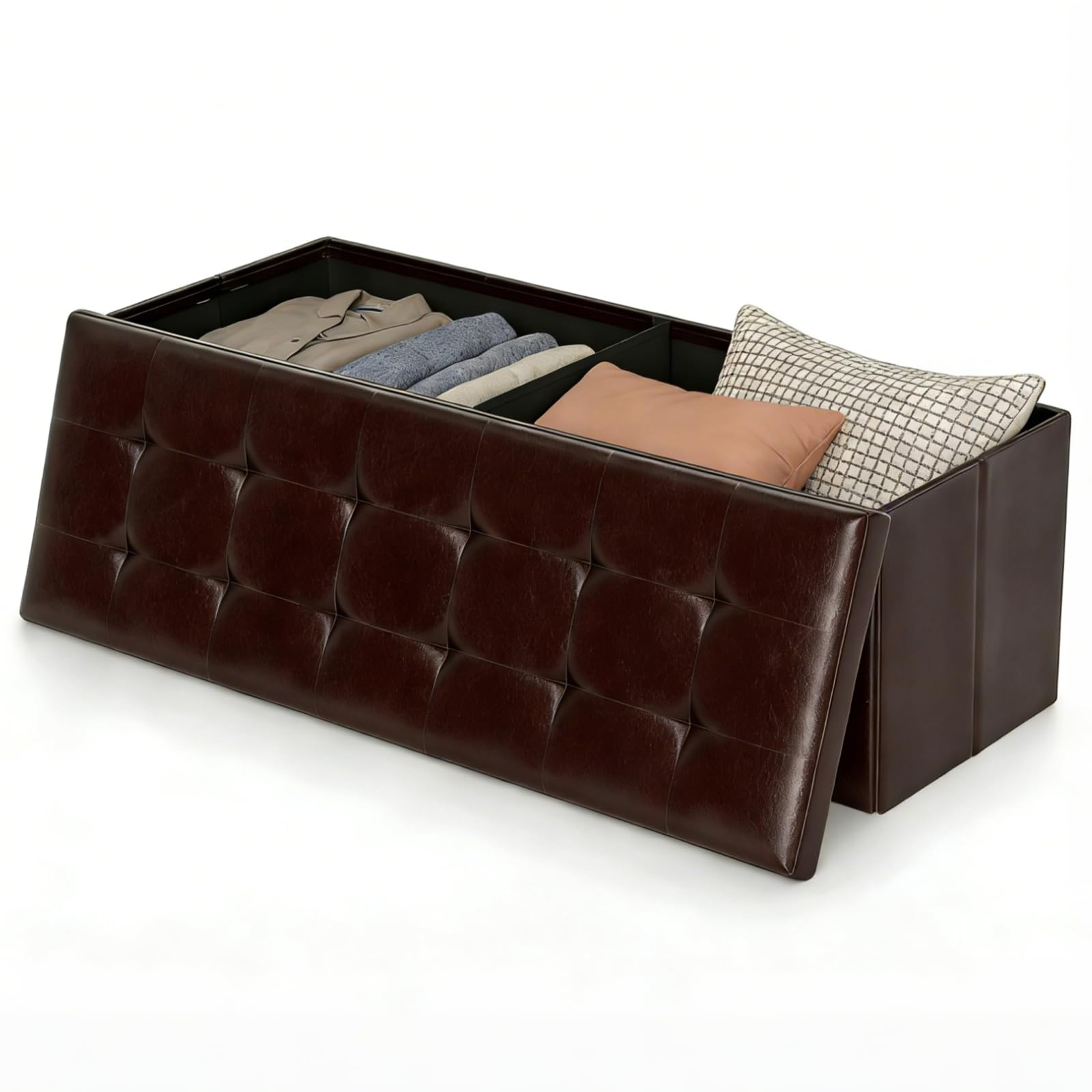 Safeplus Folding Storage Ottoman Bench, 45" Large Ottoman Space-Saving Bench,Faux Leather Storage Chest with Memory Foam,Footrest Padded Stool Seat
