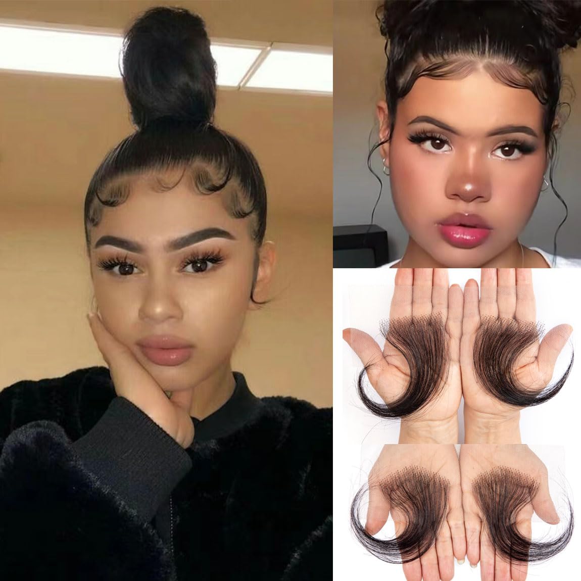 Edges Baby Hair Top Swiss HD Lace 100% Real Human Hair Reusable Breathable Invisible Lace Hairline Stripes Natural Black Curly for Women (2pcs"V")