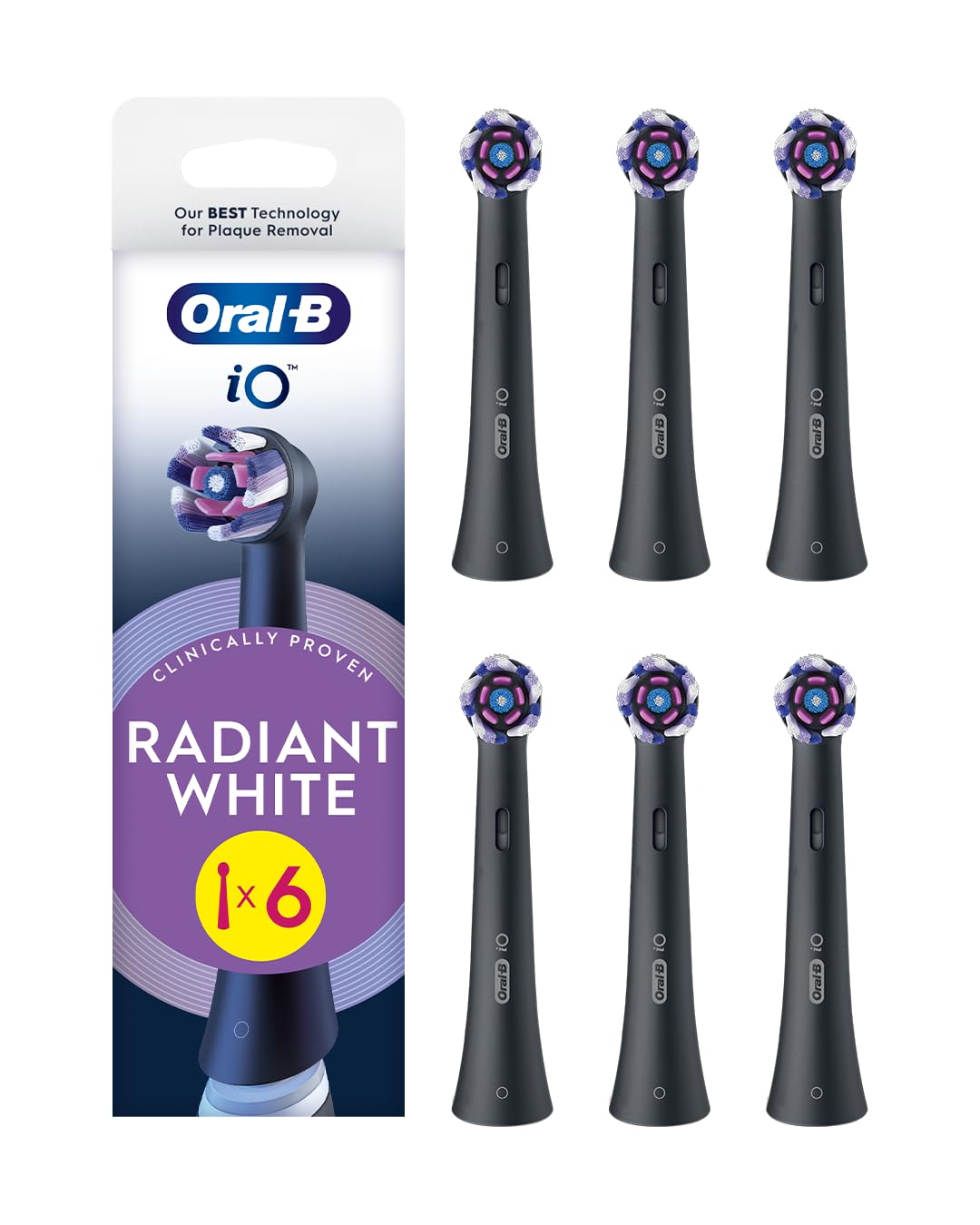 Oral-B iO Radiant White Cabezales de Recambio Originales, Negro, Pack de 6 - Recambios para Cepillos de Dientes Eléctricos Oral B iO, Blanqueamiento Dental, Eliminación de Manchas Y Placa Bacteriana | Recambios para Cepillos de Dientes Eléctricos Oral B i
