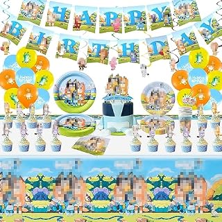 Party Decorations, 111pcs Bluey Birthday Decorations Dog Birthday Party Supplies Tableware Set Include Banner, Cake Topper, Balloons , Tablecloth ,Plates and Napkins for 10 Guests