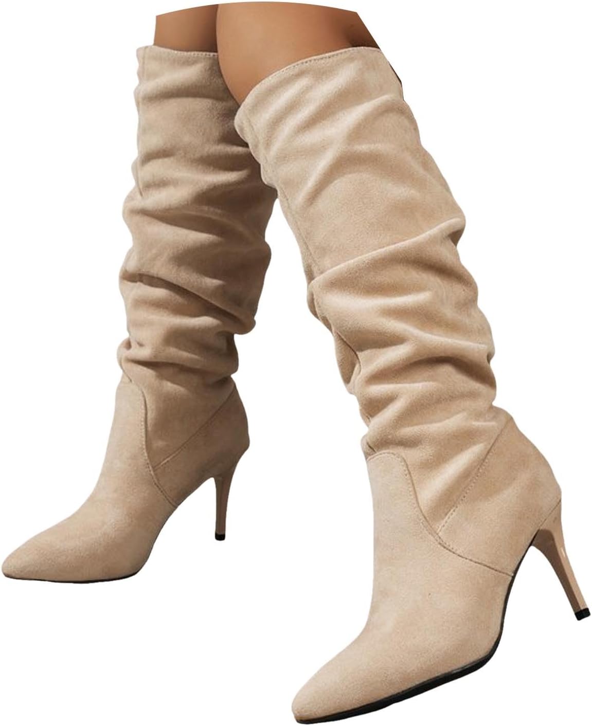 Women Casual Knee High Boots Wide Calf Slouchy Ruched Suede Cutout Side Zipper Chunky Block Low Heels Almond Toe Long Booties Fashion Fall Winter Breathable Non Slip Dressy Shoes