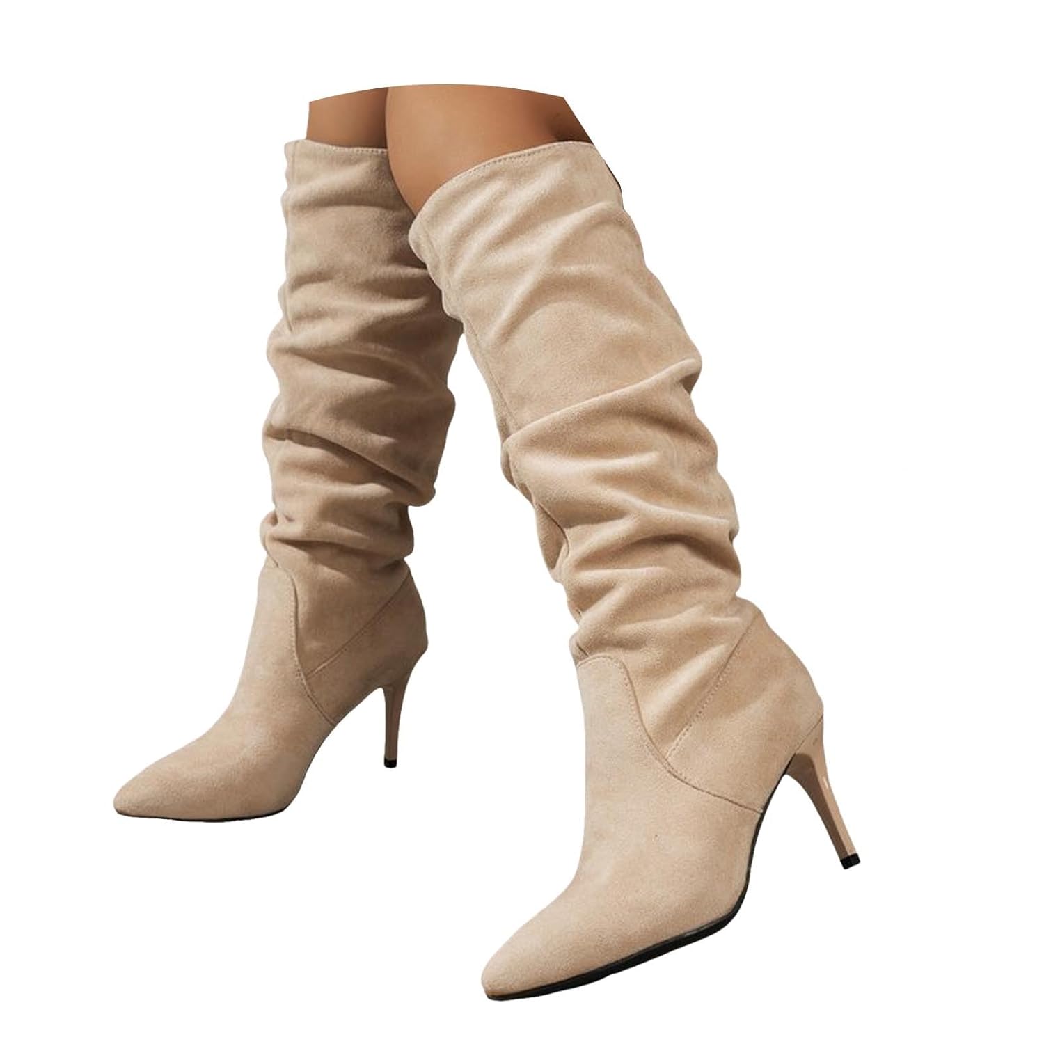 Black Slouchy Boots 2025 Wide Width Pull On Suede Knee High Boots Sexy Stiletto heels Pointed Toe with