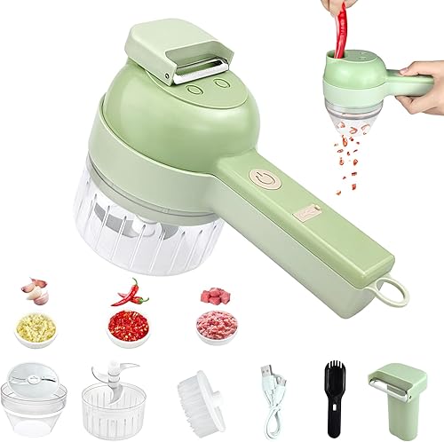 Juego de cortador de verduras eléctrico de mano 4 en 1, cortador de alimentos inalámbrico portátil y picador, rallador de cocina, procesador de