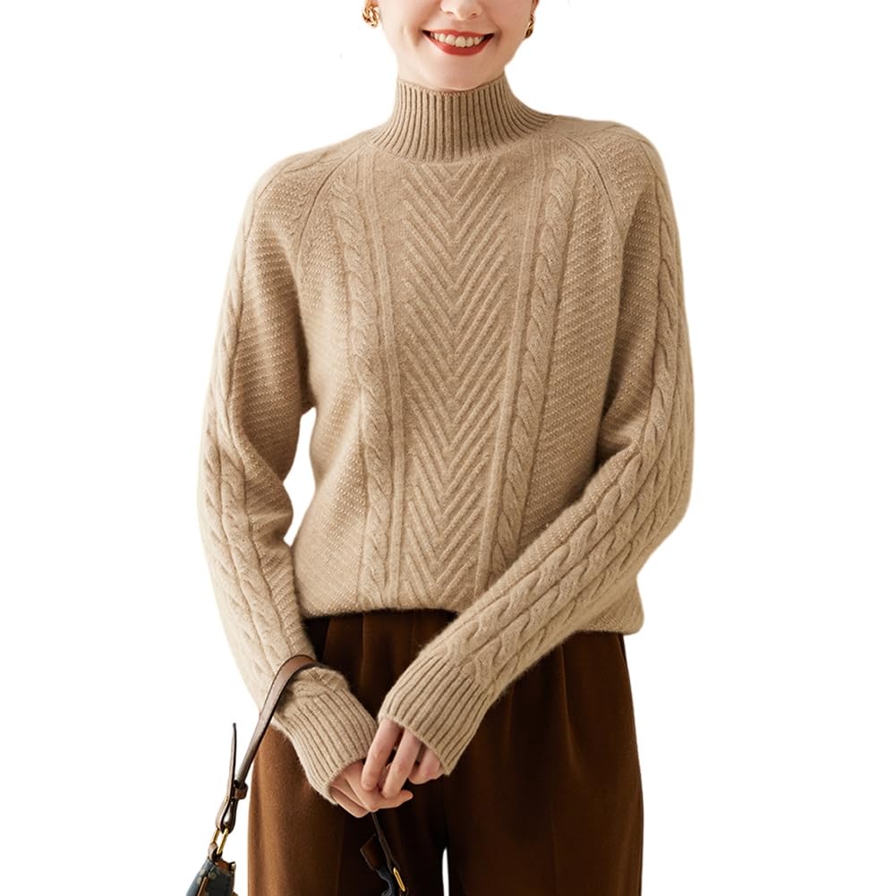WEWE Maglione da donna 95% cashmere, collo alto, a maniche lunghe, in cashmere e lana, motivo a treccia, maglione spesso rilassato, WN633