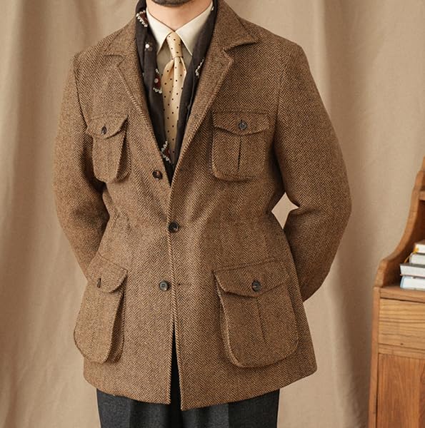 Men's Herringbone Tweed Safari Jacket Classic Blazer Wool Suit Commuter Business4