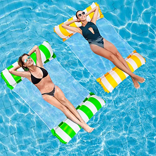 Idota Hamaca Flotante 2pcs, 4 en 1 Flotadores Piscina Hamaca de Agua con Bomba de Aire, Hamaca Hinchable Piscina con Red, Adecuado para Juegos de Verano, Fiestas en la Playa(Amarillo y Verde)