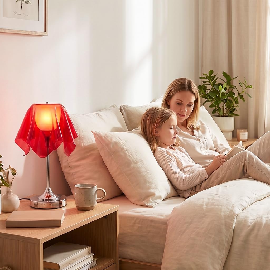 Rote Tischlampe,Schreibtischlampe E27 Mit Akryl Falten Schirm Und Chrom Ständer,Nachttischlampe Für Wohnzimmer,Schlafzimmer, Büro,Leselampe und Moderne Tischlicht,Keine Glühbirne Enthalten