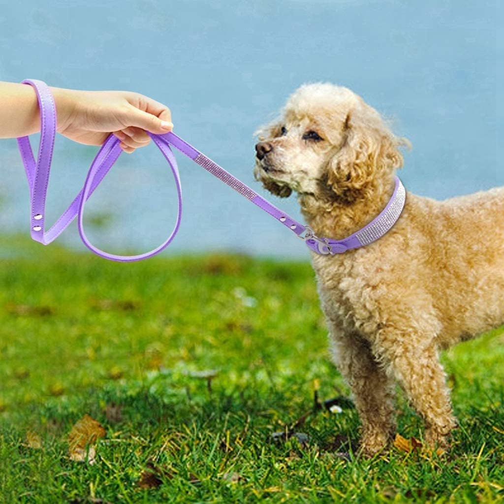 Rhinestone Bling Leather Dog Collar and Leash Set, Cute Dazzling Sparkling Soft Velvet Dog Cat Collar Crystal Diamond Puppy Collar (L, Purple1)
