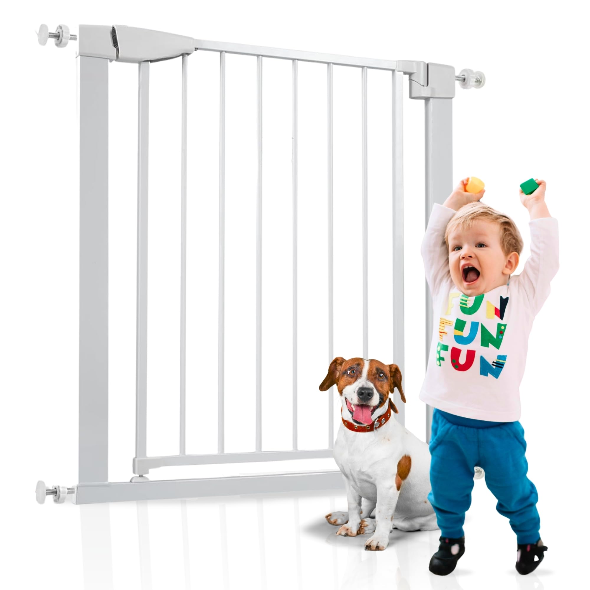 ALMAR Baby Barrera de Seguridad 67-74cm Blanco | Facil Montaje sin Tornillos para Puertas, Pasillos o Escalera para Niños o Mascotas | Valla Blanca con Sitema de Cierre Automático Giro Ambos Lados