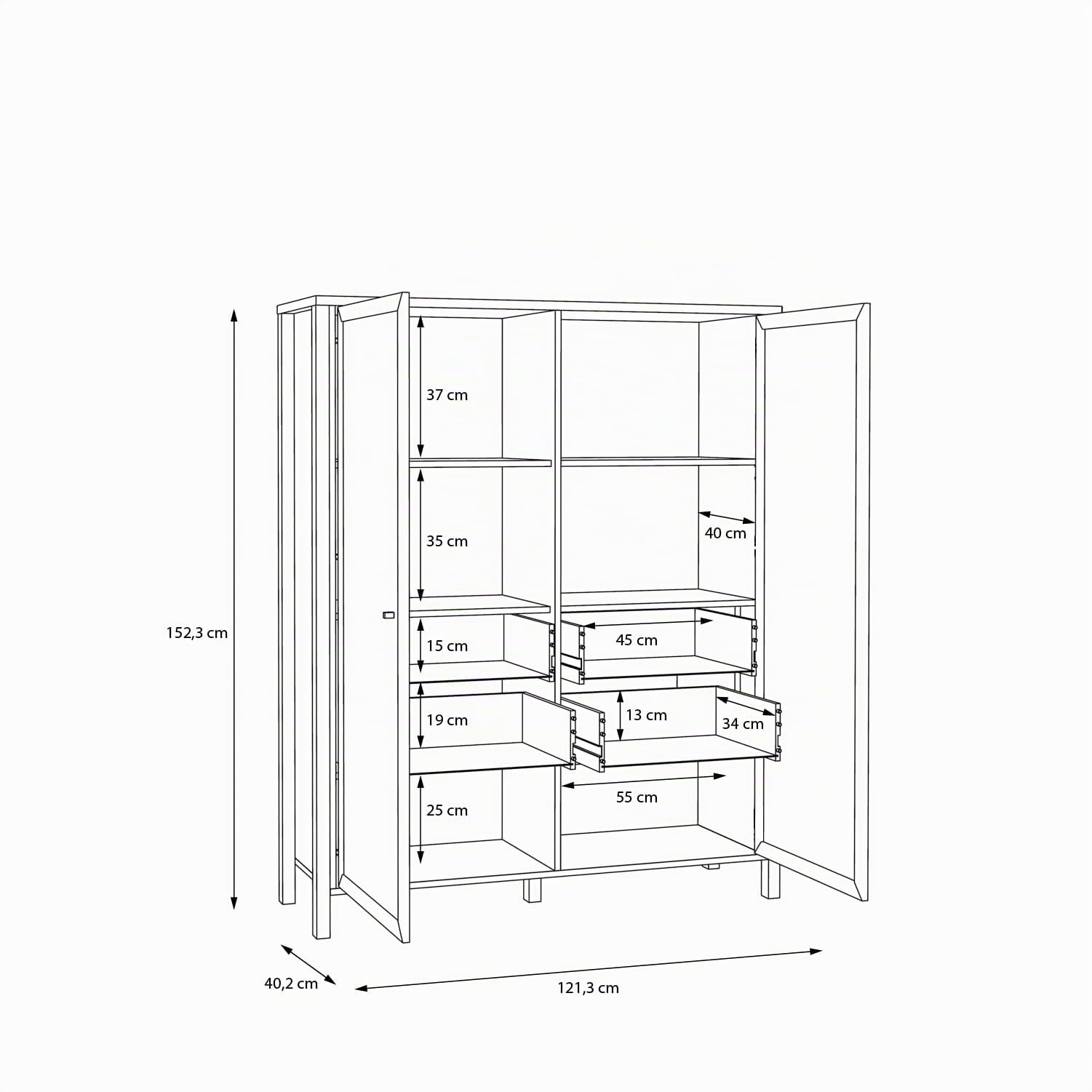 Forte HIGH Rock Vitrine 120, Moderne Standvitrine, 2 Glastüren, Vitrinenschrank, Wohnzimmervitrine, Holzwerkstoff, Schwarz/Riviera Eiche Holzwerkstoff, 121,3 cm breit x 152,3 cm hoch x 40,2 cm tief