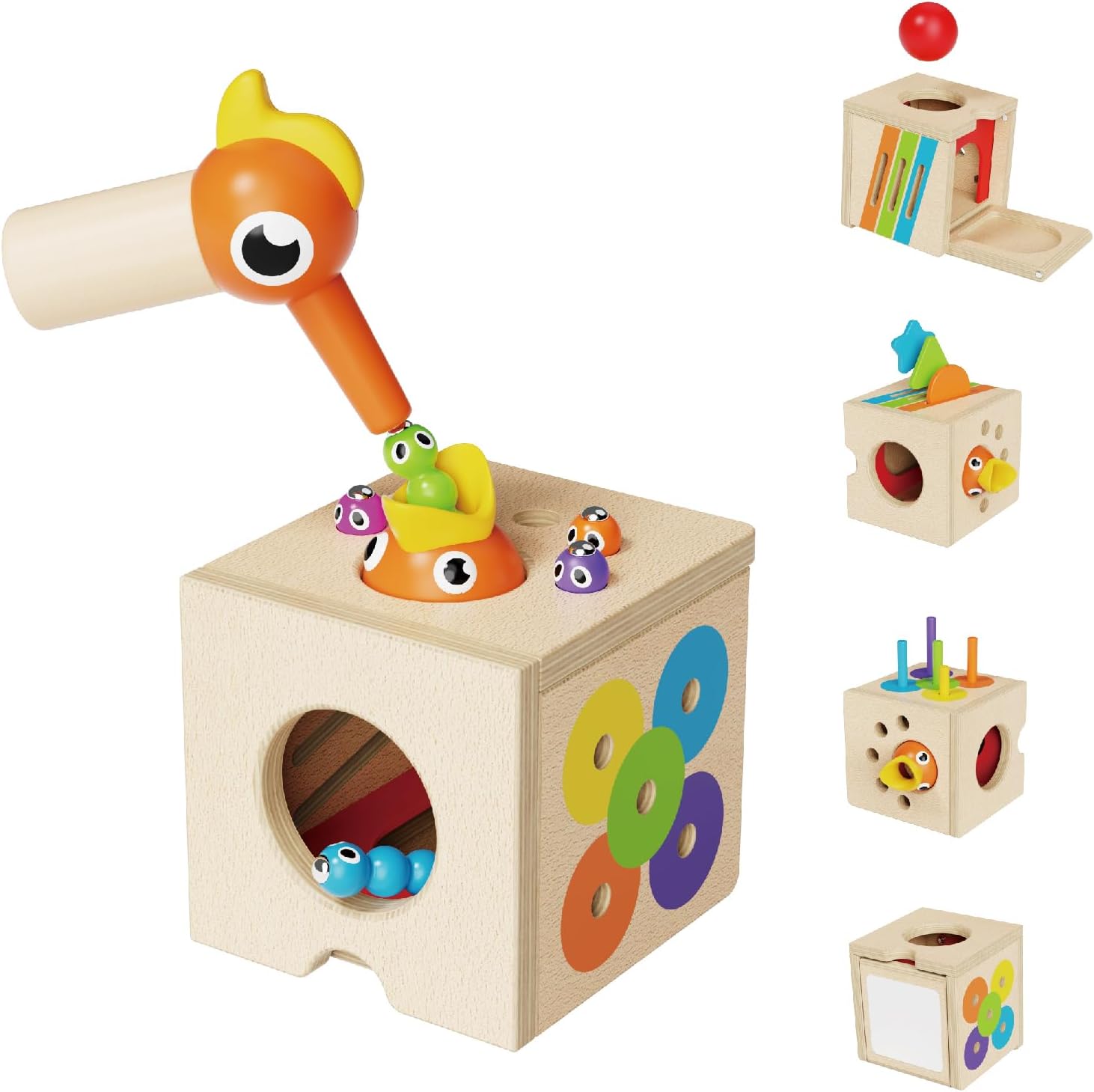 Montessori Toys for 1 Year Old, 5-in-1 Wooden Play Kit Learning Educational Toy for Toddler with Magnetic Bird Feeding Game, Coin Box, Ball Drop Game, Match Stick Color, Sorting Stacking Toy