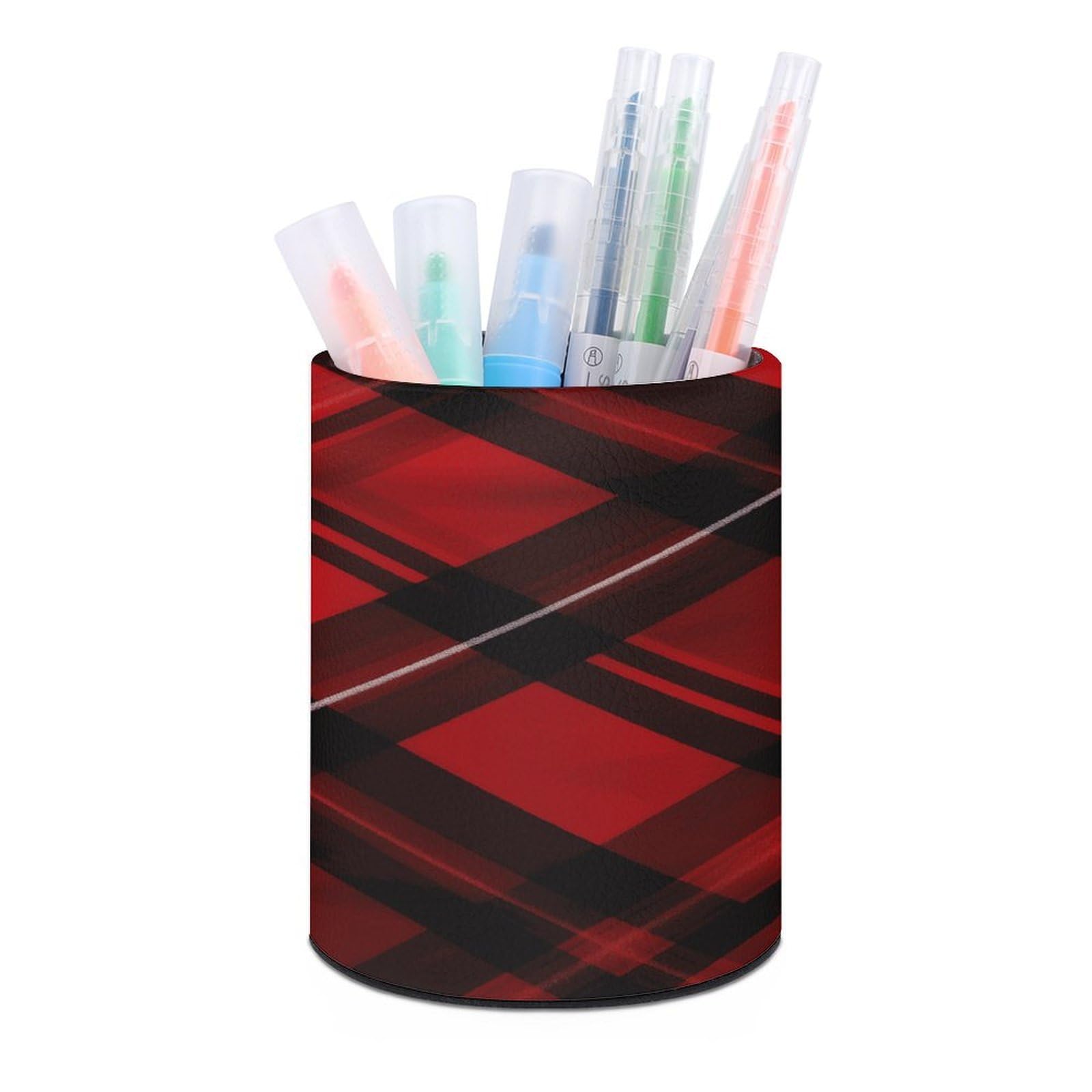FekiLoot - Custom Red and Black Checkered Desk Pen Holder Office Accessories Round Container Box for Pens Cups Desk Organizer