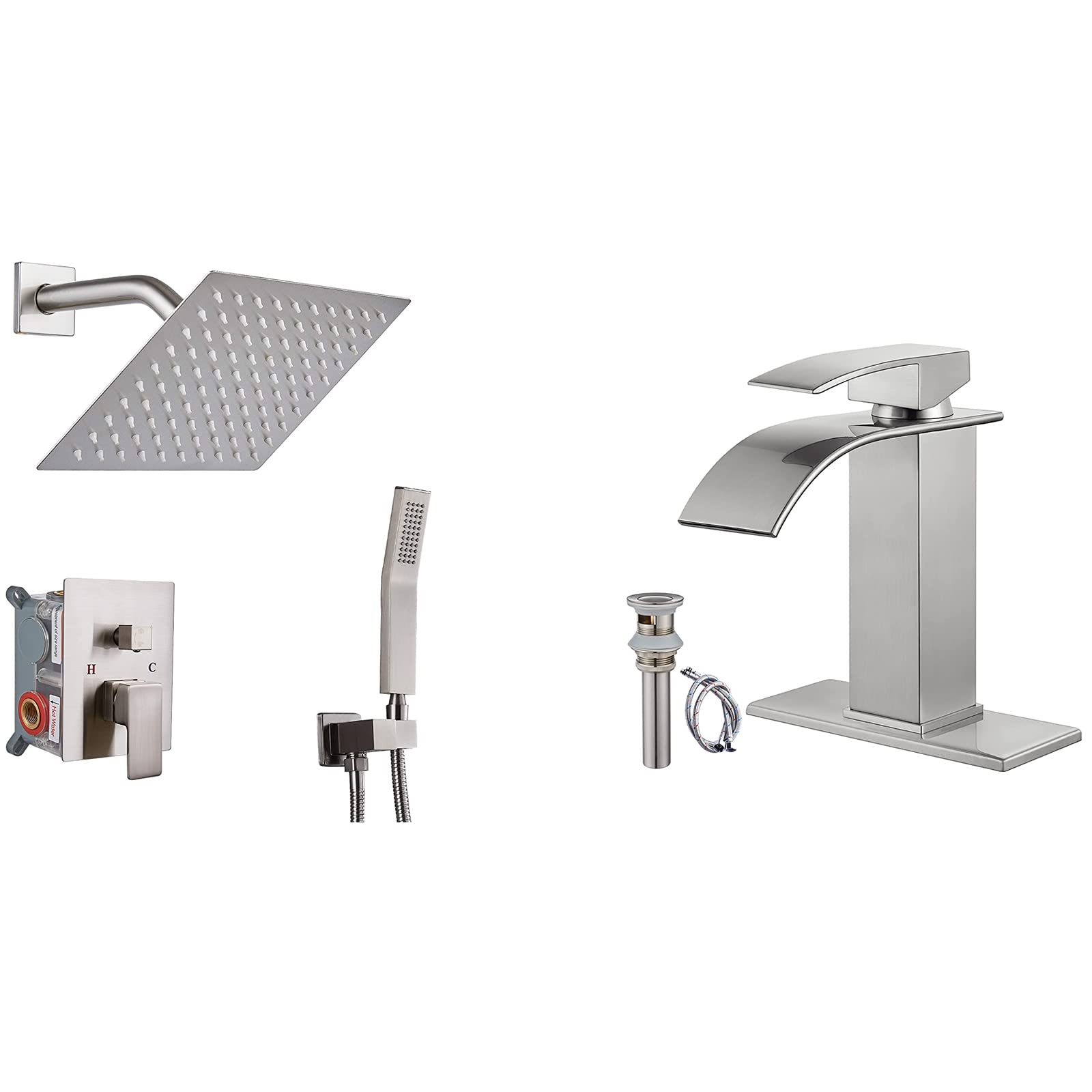 Hcfyauis Brushed Nickel Shower Faucet Set Bathroom Shower System Wall Mount 8 Inch Square Rainfall Shower Head Matching With Brushed Nickel Bathroom Sink Faucet Waterfall Spout