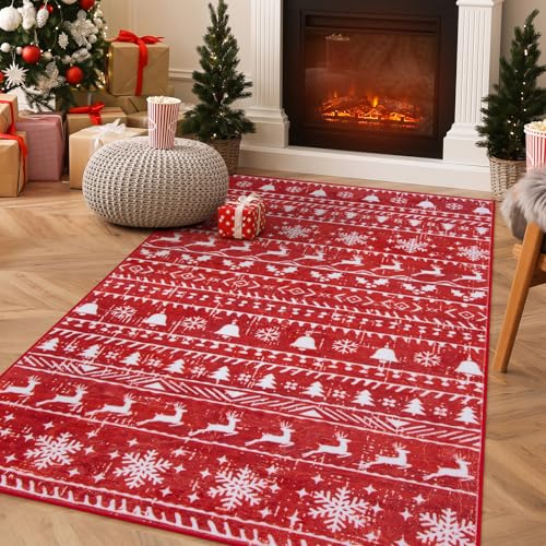 Lahome Christmas Rugs 3x5 Red Area Rug Machine Washable Entryway Indoor Rugs Christmas Tree Snowflake Doormat, Holiday Decor Non Slip Rubber Backing Indoor Throw Carpet for Living Bedroom Ba
