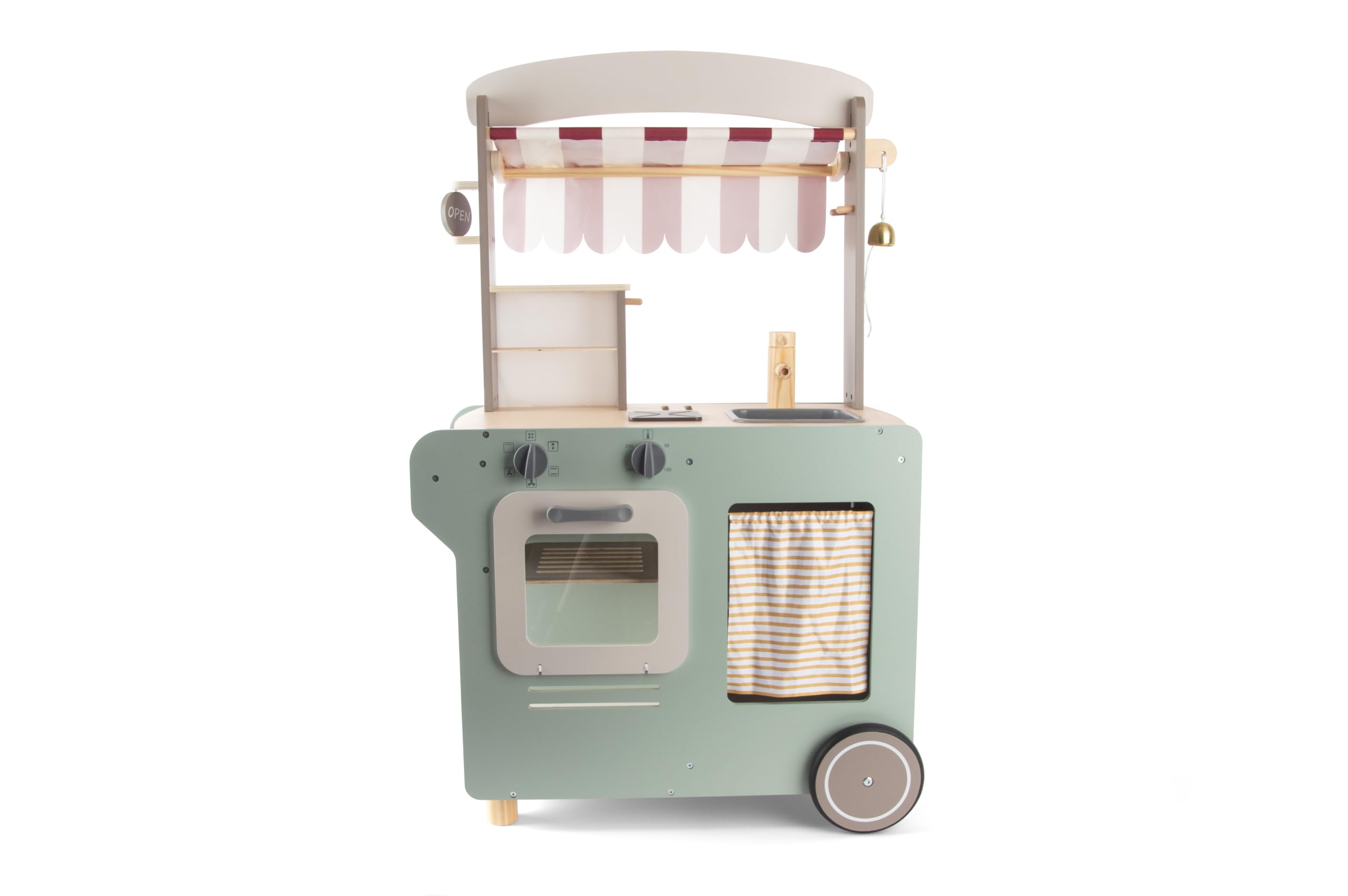 Dantoy Street Food Wagen Holz Imbisswagen Playful Wood mit Rollen Streifenrollo Ofen Waschbecken Kochplatte für Kinderküchen und fantasievollen Spielen