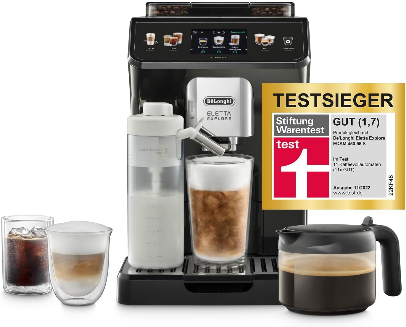 De'Longhi Eletta Explore ECAM452.57.G Kaffeevollautomat mit LatteCrema Milchsystem, heiße und kalte Getränke auf Knopfdruck, Touchscreen Farbdisplay, Kaffeekannen inkl., schwarz mit DLSC 500 Entkalker