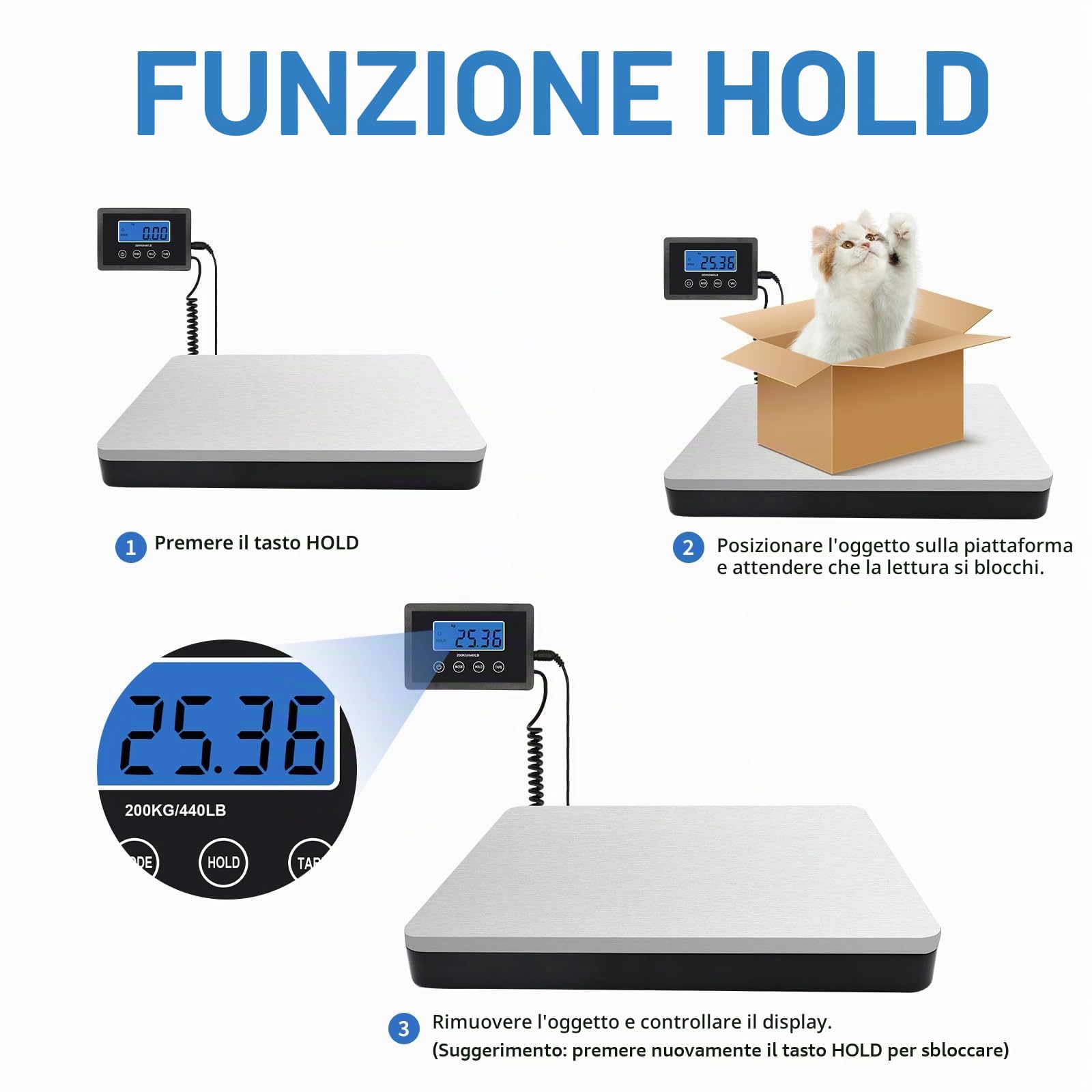 UNIWEIGH Bilancia Professionale 200kg/10g Alta Precisione,Heavy Duty Scala Postale in Acciaio inox con Hold/Tara,Digitale Grande Scala Pacco per Pacchi/Bagagli/Ufficio Postale/Animale Domestico
