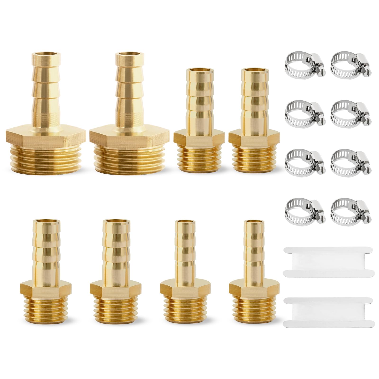 8Pcs Brass Hose Tail Set Josaton 1/4" and 1/2" BSP Male Thread Hose Connector, Hose Barb Fitting BSP Hosetail with Pipe Clamping for Air Water Fuel