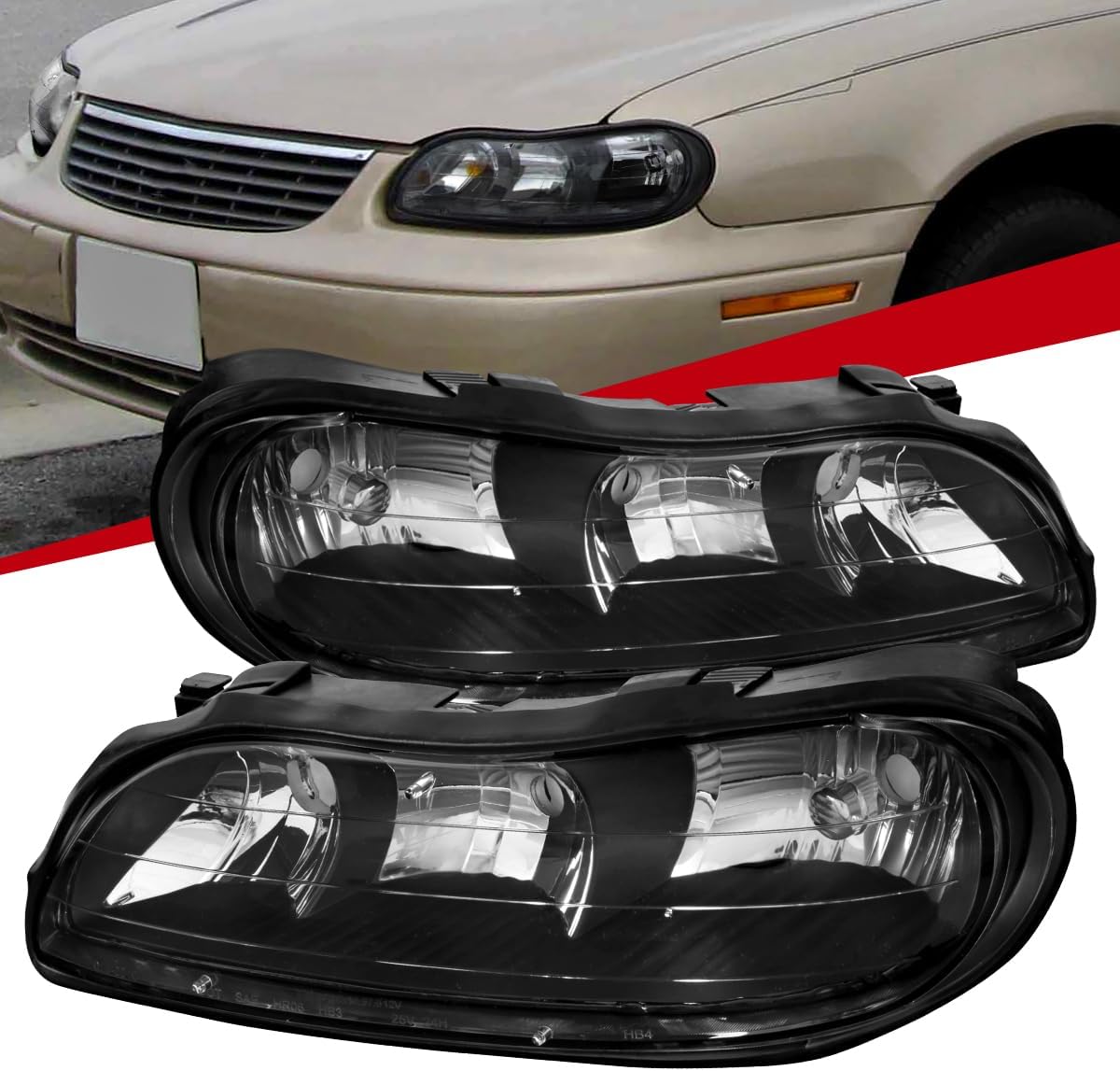 Carpartsinnovate Fits Chevy 97-03 Malibu 04-05 Classic 97-99 Oldsmobile Cutlass Black Headlights Pair