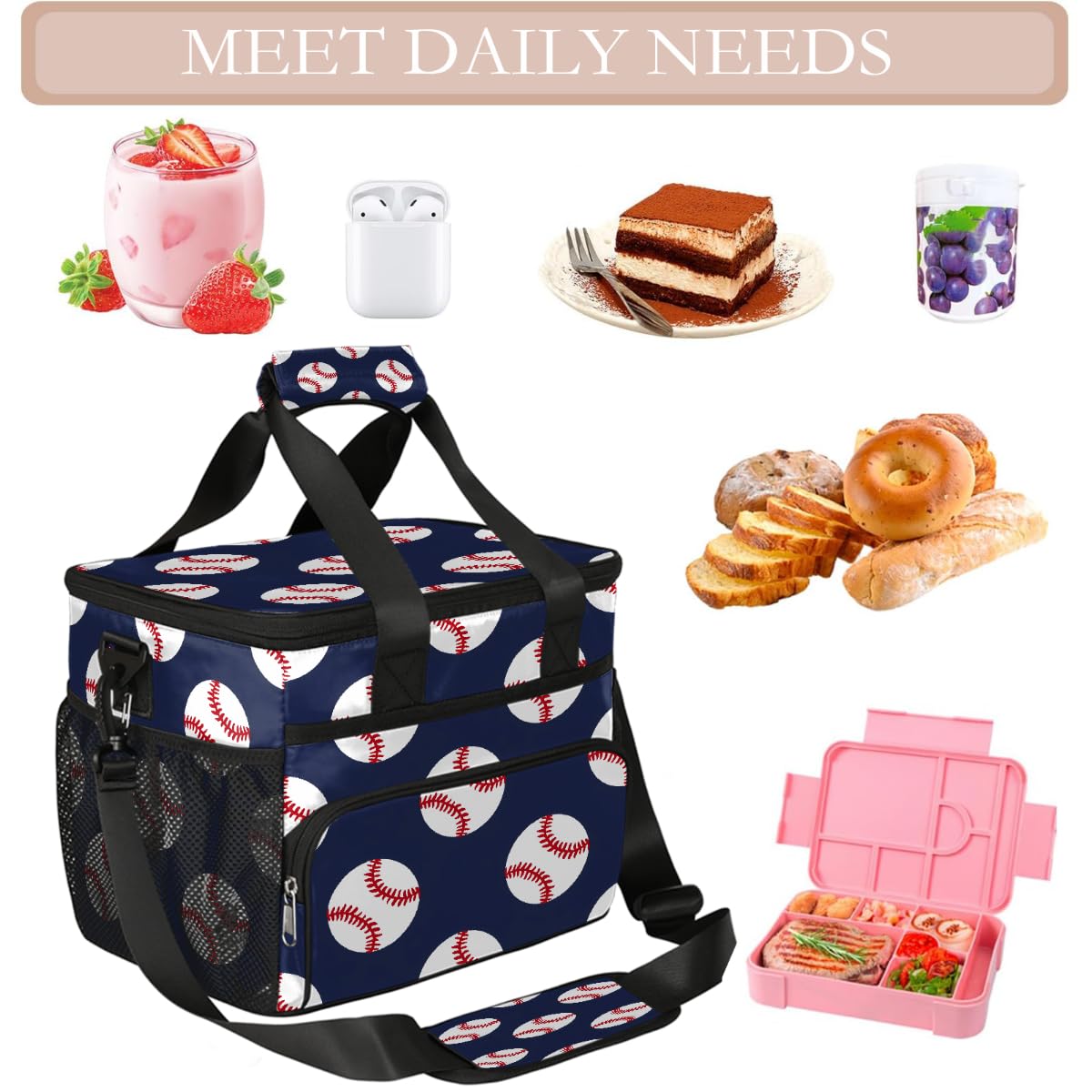 Mexpekil Borsa termica riutilizzabile a prova di perdite, motivo baseball blu, picnic, borsa termica a tema sport, borsa termica per donne, uomini, lavoro, campeggio, spiaggia, ufficio, 24 lattine, 15