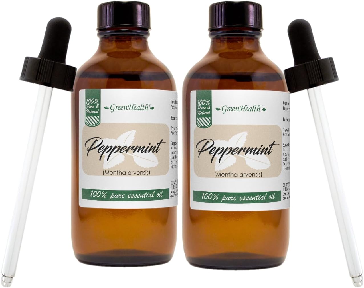 2 Bottles – Peppermint Essential Oil – 4 fl oz – 100% Pure Essential Oil – Amber Glass Bottle w/Glass Dropper – GreenHealth