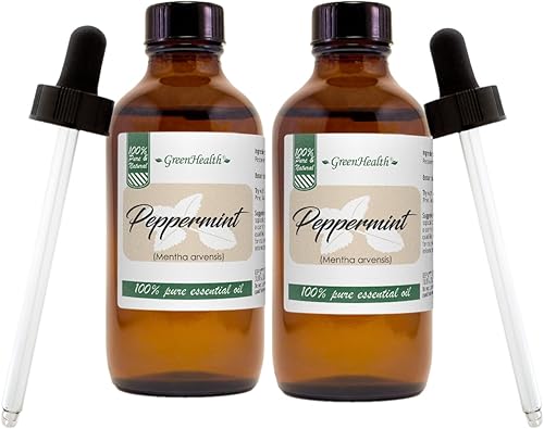 Miniatura 1 de 2 botellas  Aceite esencial de menta  4 onzas líquidas  Aceite esencial 100% puro  Botella de vidrio ámbar con cuentagotas de vidrio  GreenHealth