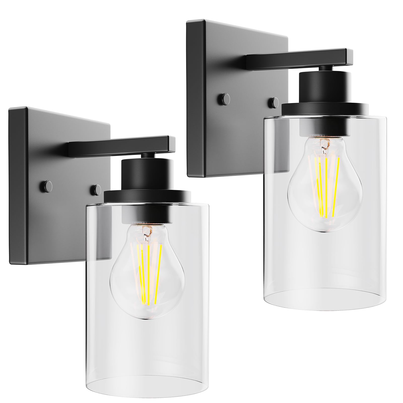 Wall Sconces Set of 2 Matte Black Vanity Lights for Bathroom, Modern Wall Light Fixtures Sconce Lights Indoor with Clear Glass Farmhouse Wall Mount Lamp for Bedroom Mirror Living Room Hallway E26 Base