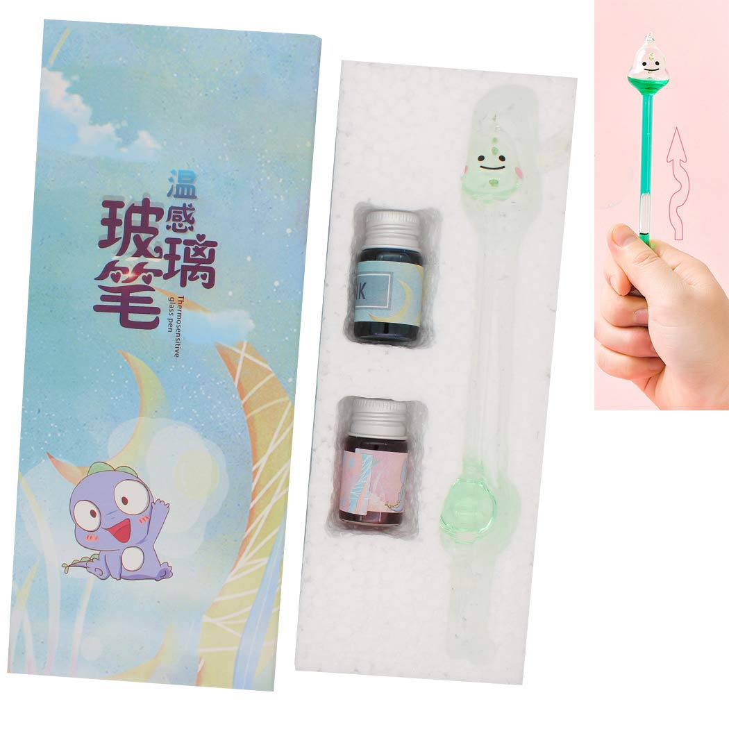 SIPLIV Crystal Glass Pen Temperature Change Pen Kit Calligraphy Signatures Pen with Bottle Ink and Pen Holder - Dinosaur, Light Green