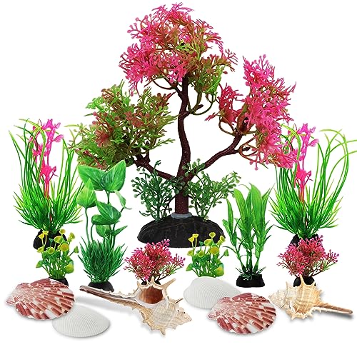 PietyPet Aquarium Plants with Natural Decorations Shells, 15pcs Fish Tank Decoration Colorful Artificial Fish Tank Decor Plants Aquarium Decorations for Household and Office Aquarium Simulation