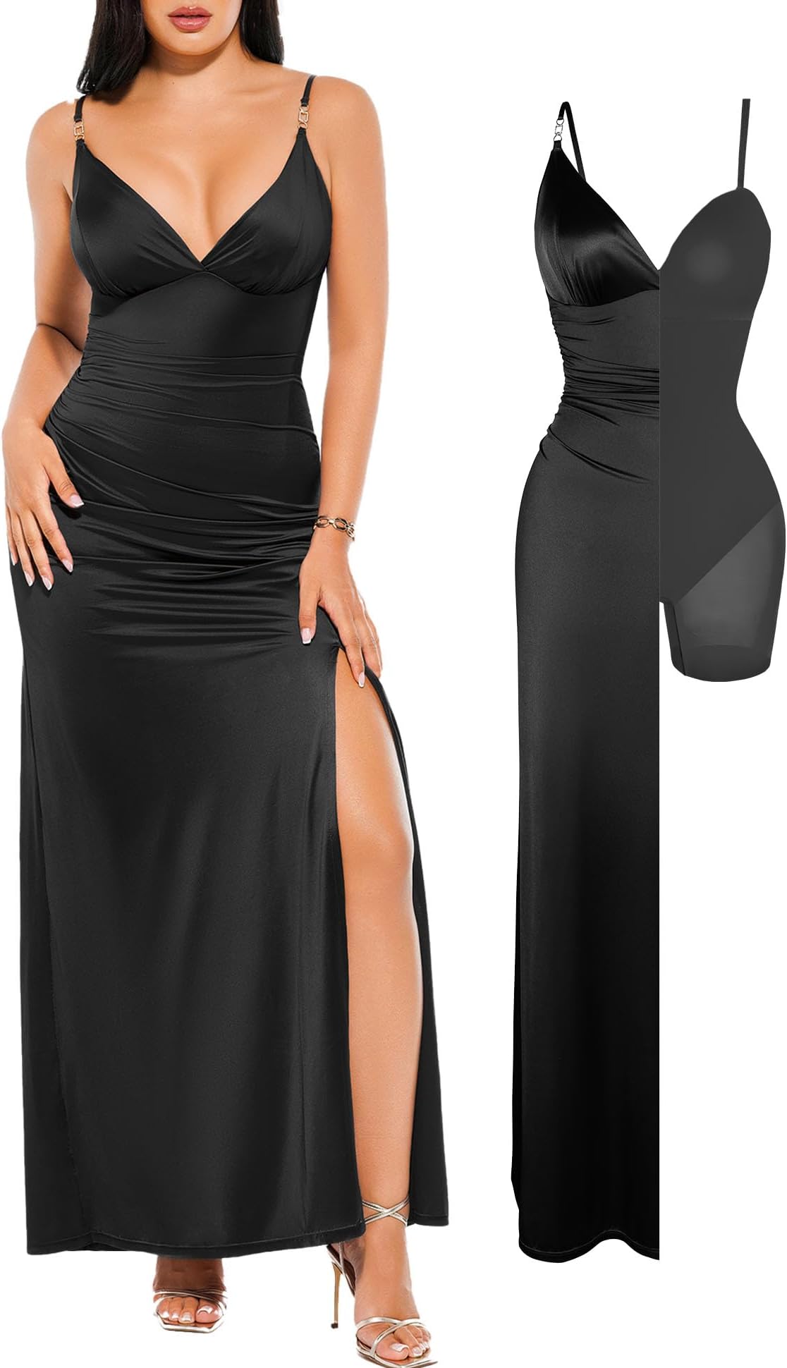 Women's Sexy Maxi Dress Deep V Neck Ruched Shapewear Dresses Side Slit Formal Cocktail Party Dress