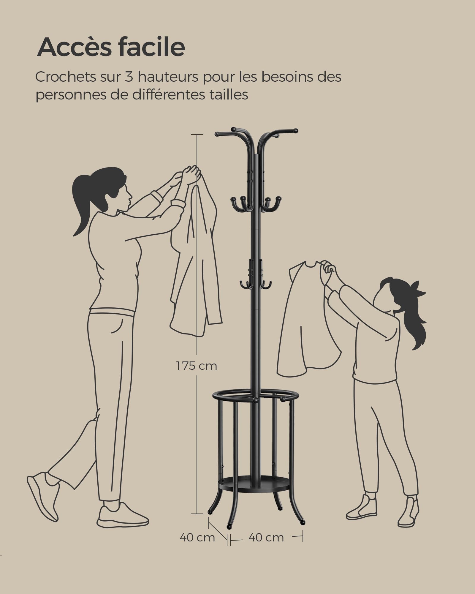 SONGMICS Porte-manteau, Portant à Vêtements avec Porte-parapluie, 12 Crochets, Structure Métallique, Hauteur 175 cm, pour Entrée, Salon, Chambre, Noir d'Encre RCR011B01