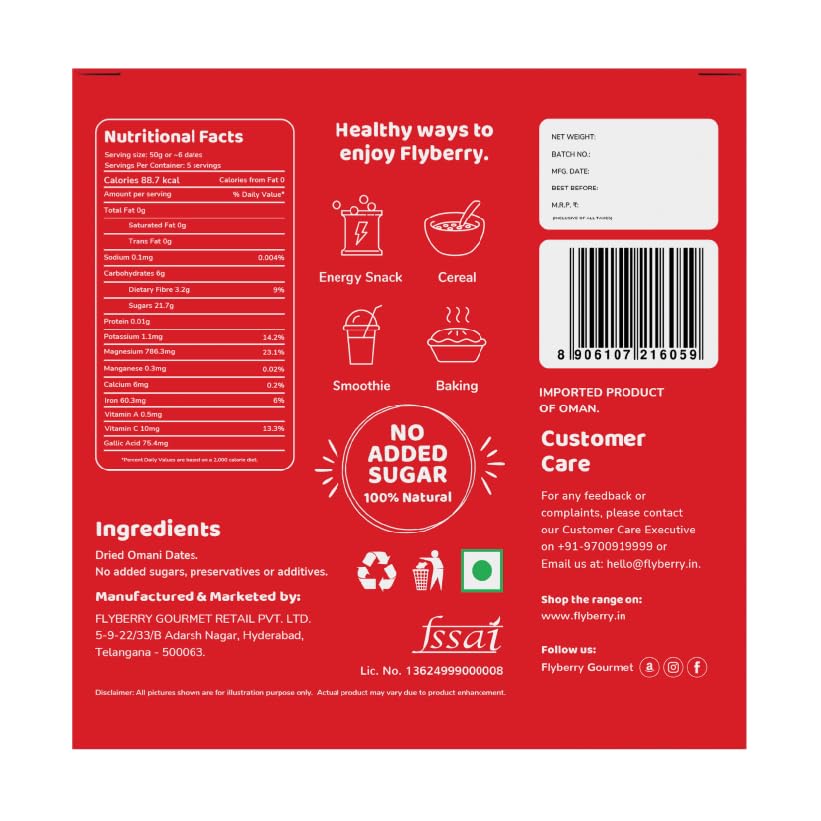 Image of Flyberry Gourmet Seedless Omani Dates 250g | Premium Dry Fruits | All-Natural | No Added Sugar | No Preservatives | Gluten-Free | Vegan | Non-GMO | Khajur /Khajoor /Khejur (250 g)