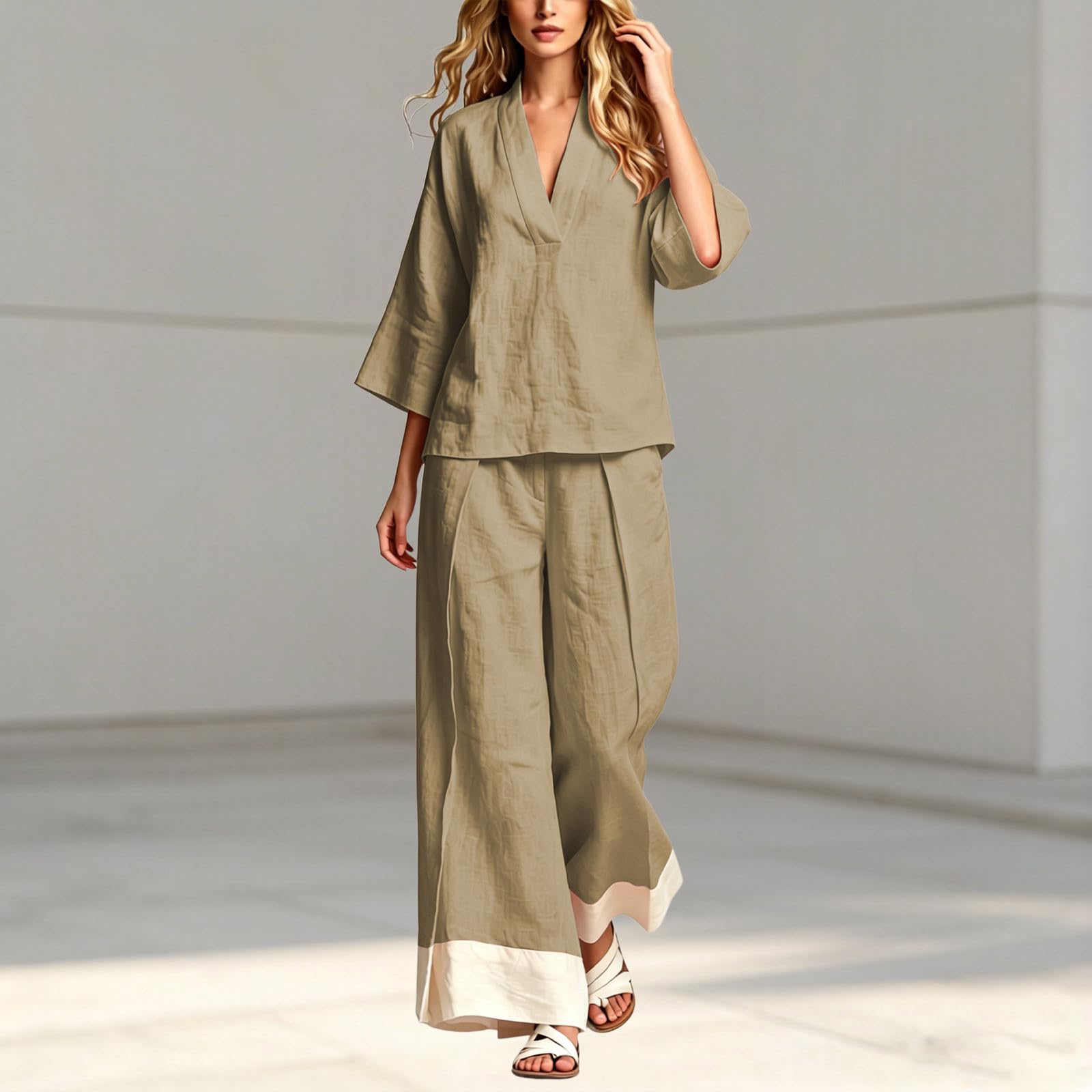 Generisch Damen Sommeroutfit mit französischem Kragen Bluse weiter Hose – leichtes atmungsaktives Set für Reise Büro Freizeit Alltag Date Shopping (Khaki, M)