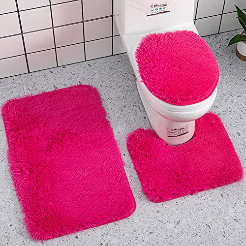 Reyox Shaggy Bathroom Rug Set 3 Piece with Toilet Cover Fuchsia