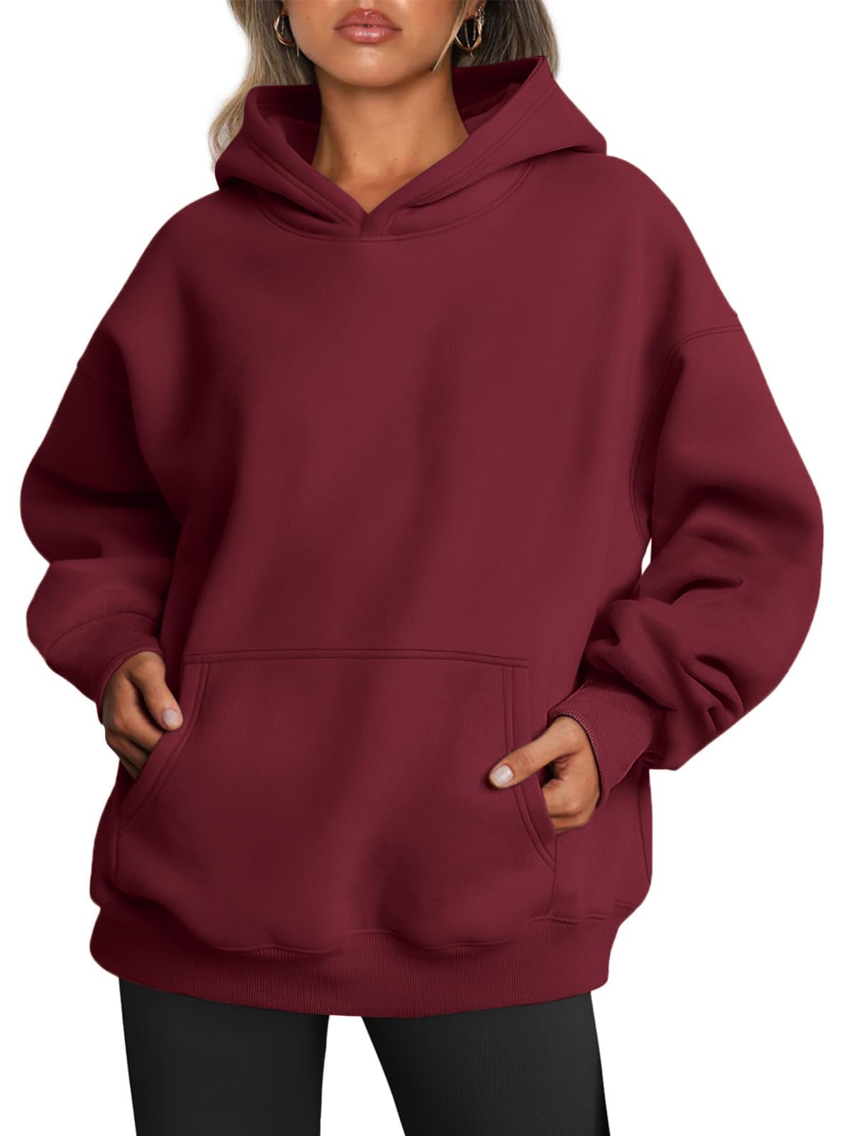 Tomwell Oversized Hoodie Damen Winter Pullover Casual Kapuzenpullover Langarm Sweatshirt Tops mit Taschen A Weinrot XXL