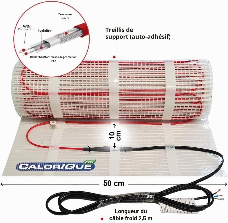 Tapis de câbles chauffants électriques CALORIQUE ECO - 3m² - Chauffage au sol électrique efficace 150 W/m² - Technologie TWIN - Classe d'efficacité énergétique A +++