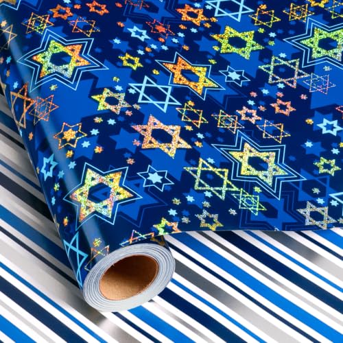 MAYPLUSS Hanukkah Wrapping Paper Roll,Metallic Blue Star of David Gift Wrap | 17in x 33ft, Holographic Foil Navy Blue Star Gift Wrap Paper for Chanukah Jewish Festival, Christmas, Holiday & DIY Craft