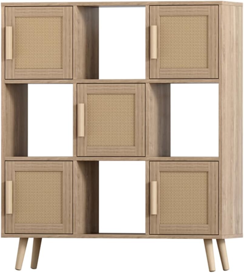 RUNOLIG 9 Cube Organizer, Wooden Cube Storage with 5 Rattan