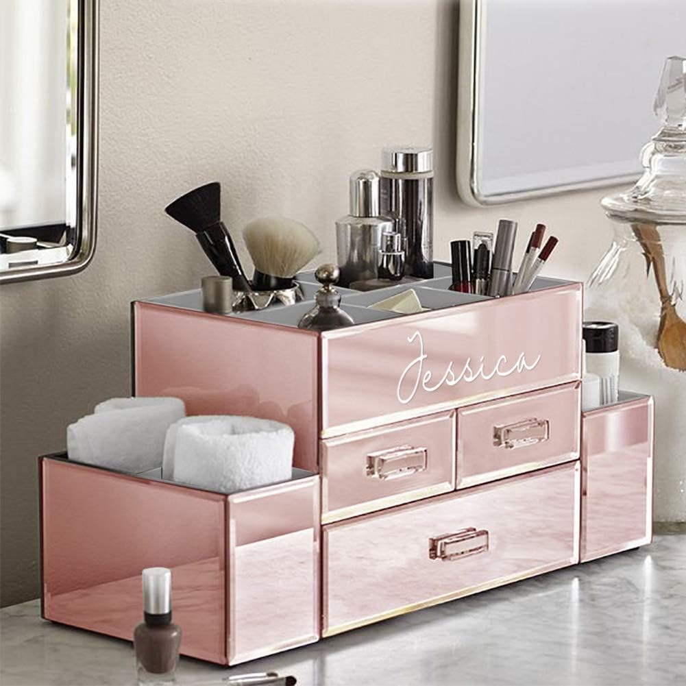OnDisplay Amara Personalized 3 Drawer Tiered Mirrored Makeup/Jewelry Organizer - Glass Panel Organization Station for Cosmetics, Jewelry or Office/Desk Supplies