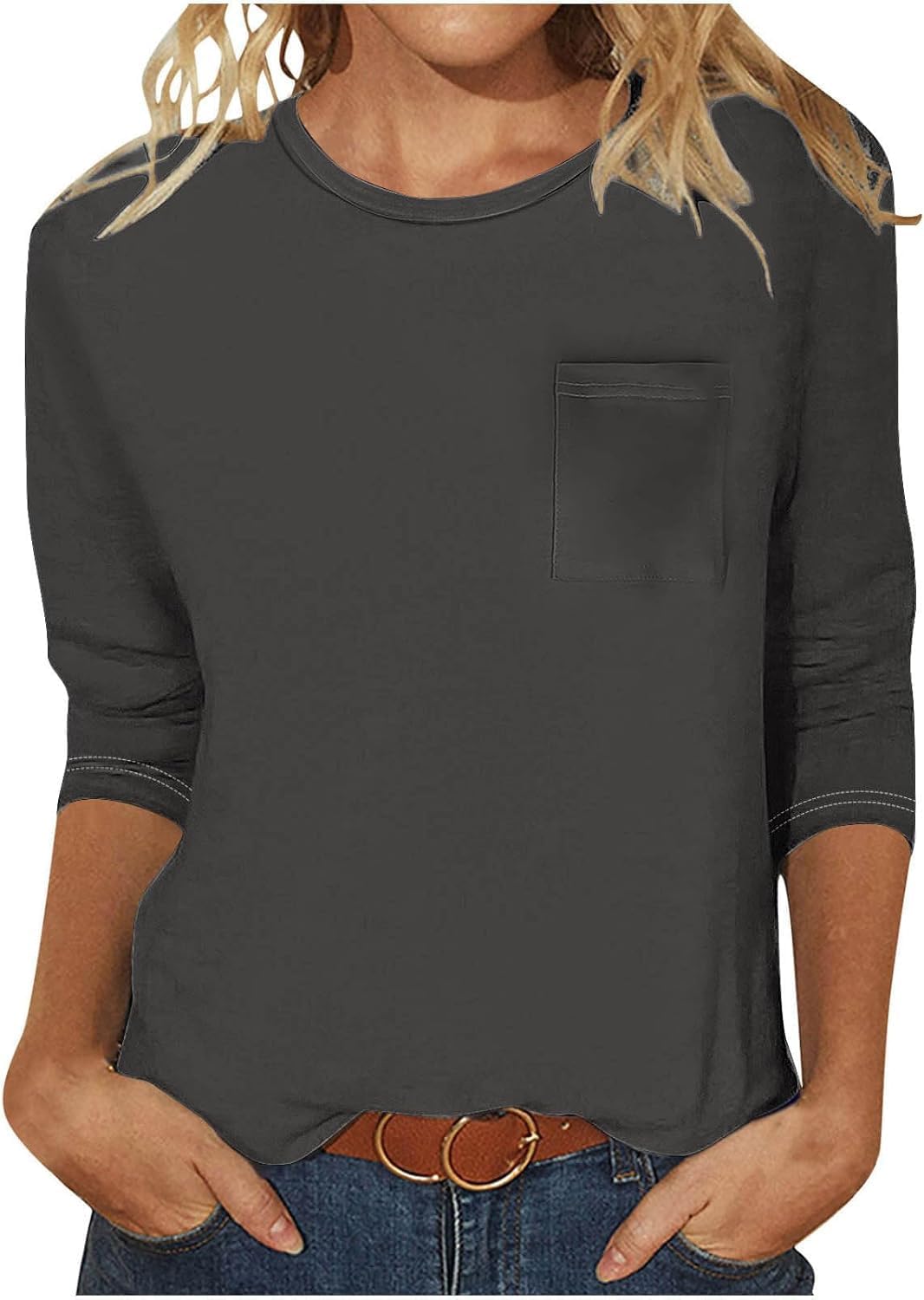 3/4 Length Sleeve Tops for Women Pockets Round Neck Basic Tunic Blouses Solid Color Casual Summer Tee Tshirts