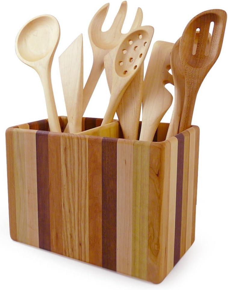 Modern Artisans American Made Mixed Wood Utensil Holder Crock, Double Size