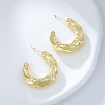 Xuping 14kゴールドオープンフープイヤリング 女性用スモールフープイヤリング 軽量 チャンキー 14kゴールドメッキイヤリング ワイドラウンドフープイヤリング ハギーイヤリング スタッド, 銅, 宝石なし