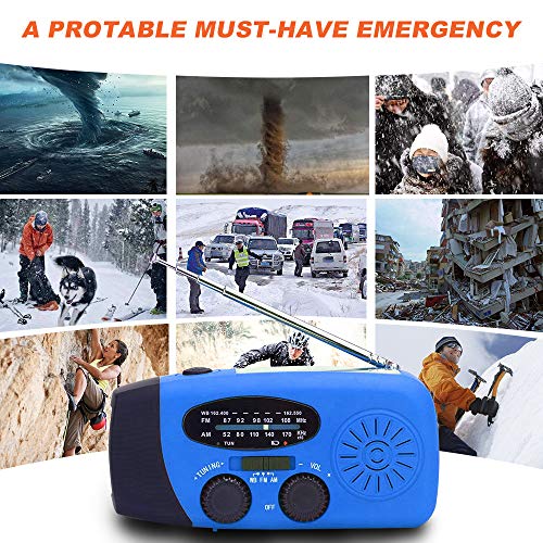 Upgraded Emergency Solar Weather Radio Hurricane Supplies Earthquake Kit Hand Crank Self Powered Am/Fm/Wb Noaa Wind Up Survival Radios Led Flashlight 2000Mah Power Bank For Iphone Smart Phone （Blue） #TOP1