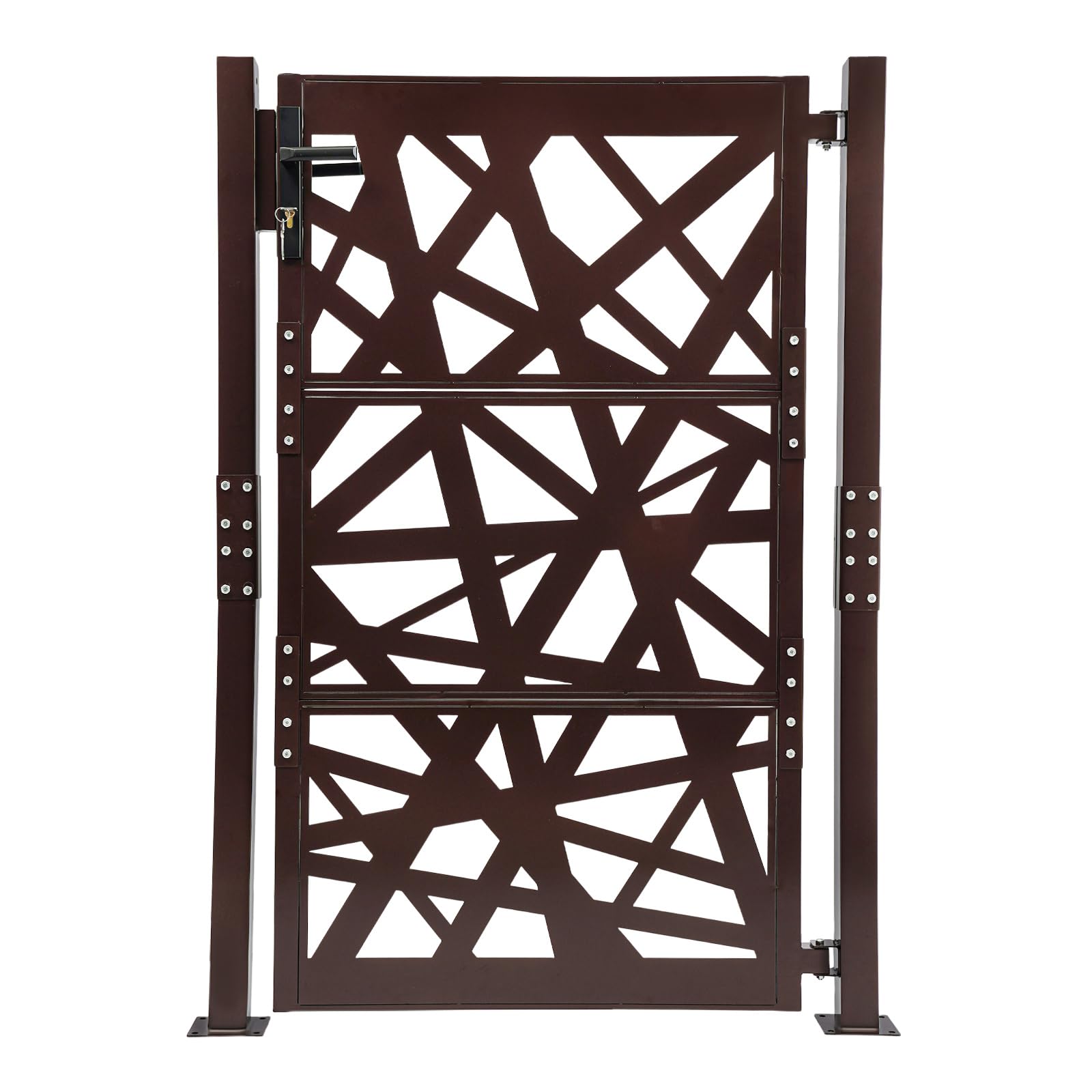 Cancello da giardino, 105 x 150 cm, doppia colonna, in metallo, con 7 chiavi e angolo di chiusura a 180°, per magazzini, giardini, cortili interni (marrone)
